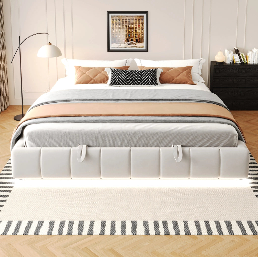 Letto imbottito 180x200 cm con contenitore e LED in flanella beige