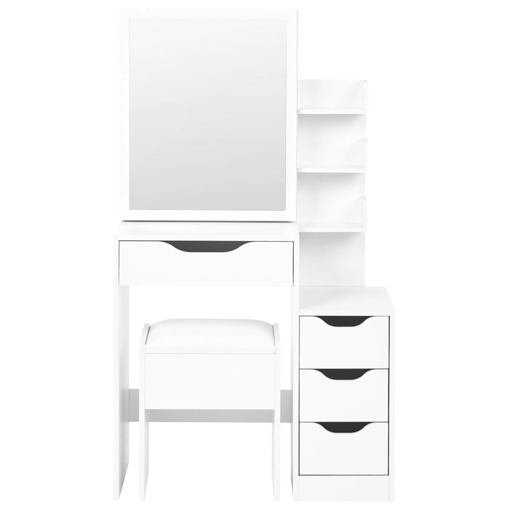 Toeletta in MDF bianco con specchio e sgabello 4 cassetti 3 ripiani scrivania da toeletta specchio per il trucco design minimalista