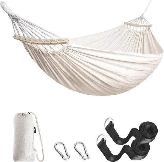 Hangmat comoda e sostenibile per giardino e spiaggia - con asta in legno e tasca portatile