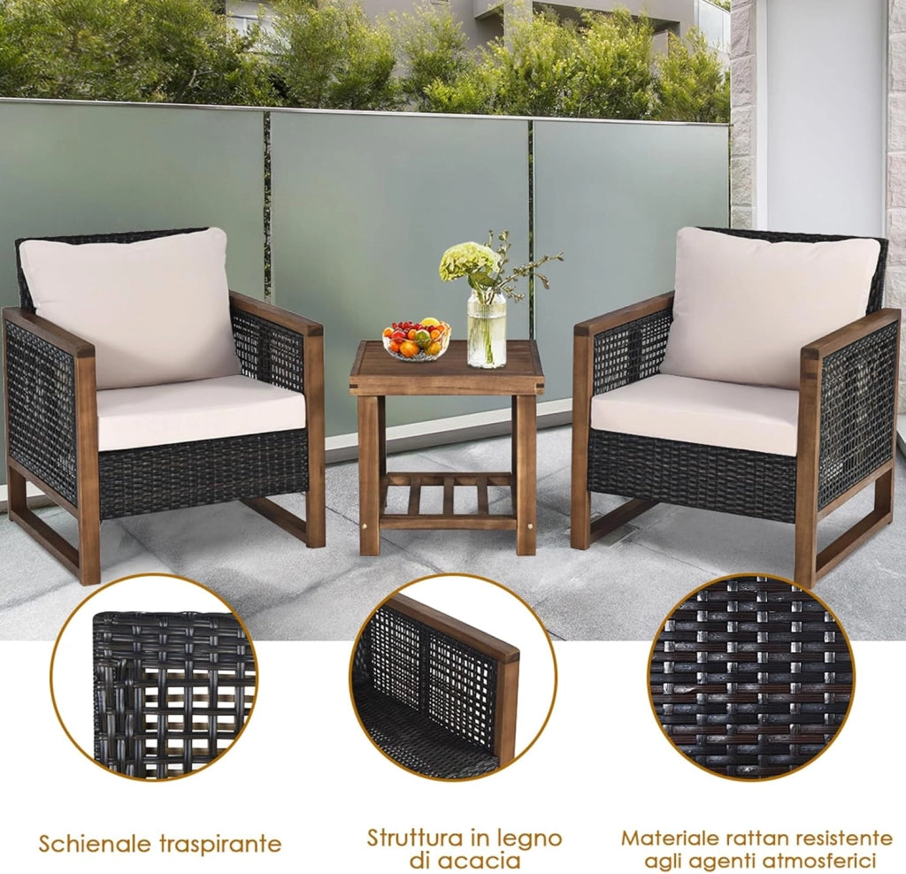 Set di 3 Pezzi di Mobili da Patio, 1 Tavolino in Legno di Acacia e 2 Sedie in Rattan PE, con Cuscini Lavabili, Set di Divani per Giardino Cortile Piscina Portico