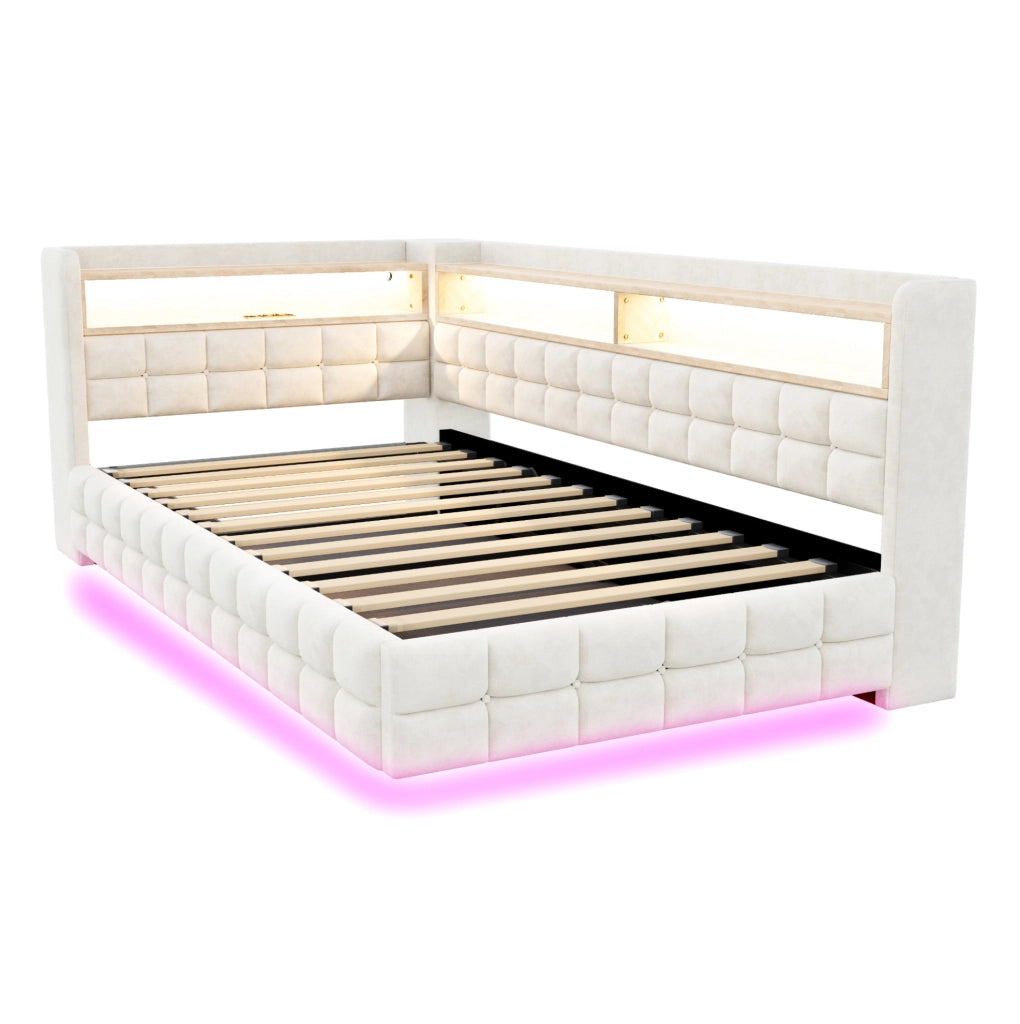 Divano letto imbottito 90x200 cm con LED, prese e contenitore