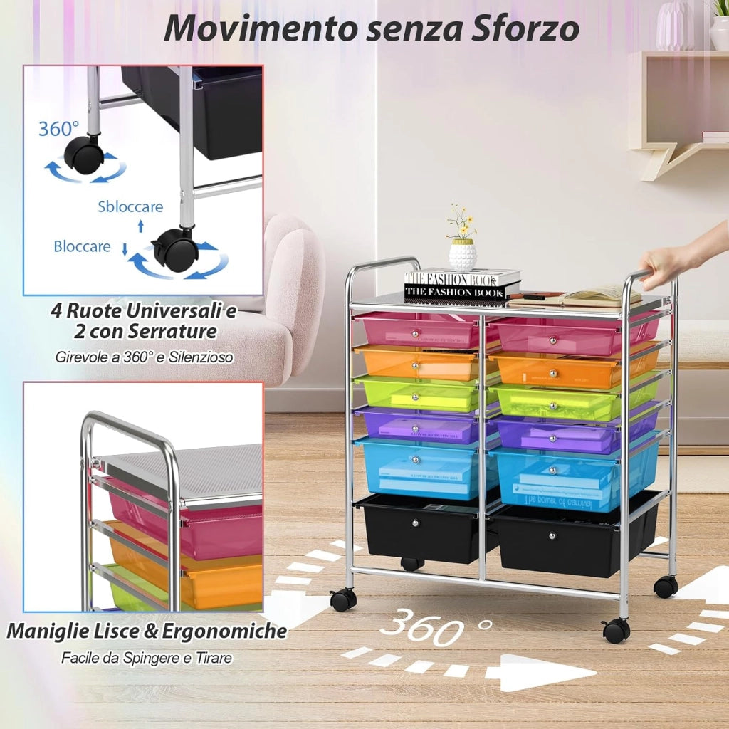 Carrello con 12 Cassetti con Ruote, Carrello di Stoccaggio Multiuso con Ampio Spazio di Archiviazione, Ideale per Casa Ufficio Domestico, 73,5 x 37 x 63 cm (Colorato trasparente)