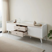 Cassettiera per TV bianca e legno naturale in truciolare; lunghezza 160 cm