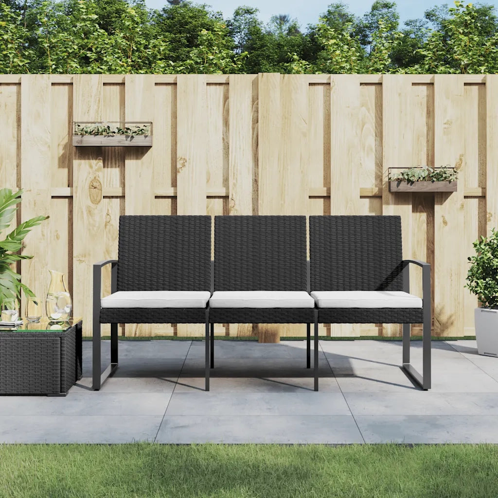 Panchina da Giardino | Panca da Giardino a 3 Posti con Cuscini in Rattan PP Nero