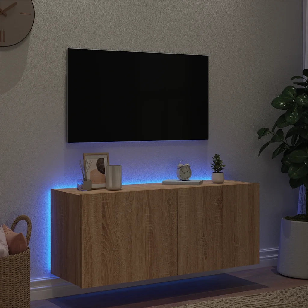 Mobile TV a Parete con Luci LED Rovere Sonoma 100x35x41 cm 837325