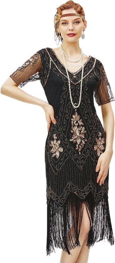Abito da sera con collo V - Abito da sera con frange - Pailletten - Accessori in vetro - Stile 1920 - Finestra decorativa - Abito da sera per occasioni speciali