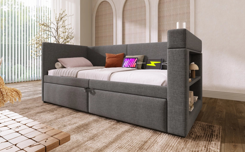 Daybed imbottito grigio 90x200 cm con letto estraibile, braccioli con ricarica USB e Type-C, senza materasso