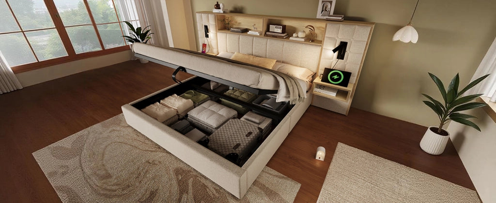 Letto contenitore 180 × 200 cm con luci da lettura, USB e Type-C, 2 comodini sospesi, senza materasso