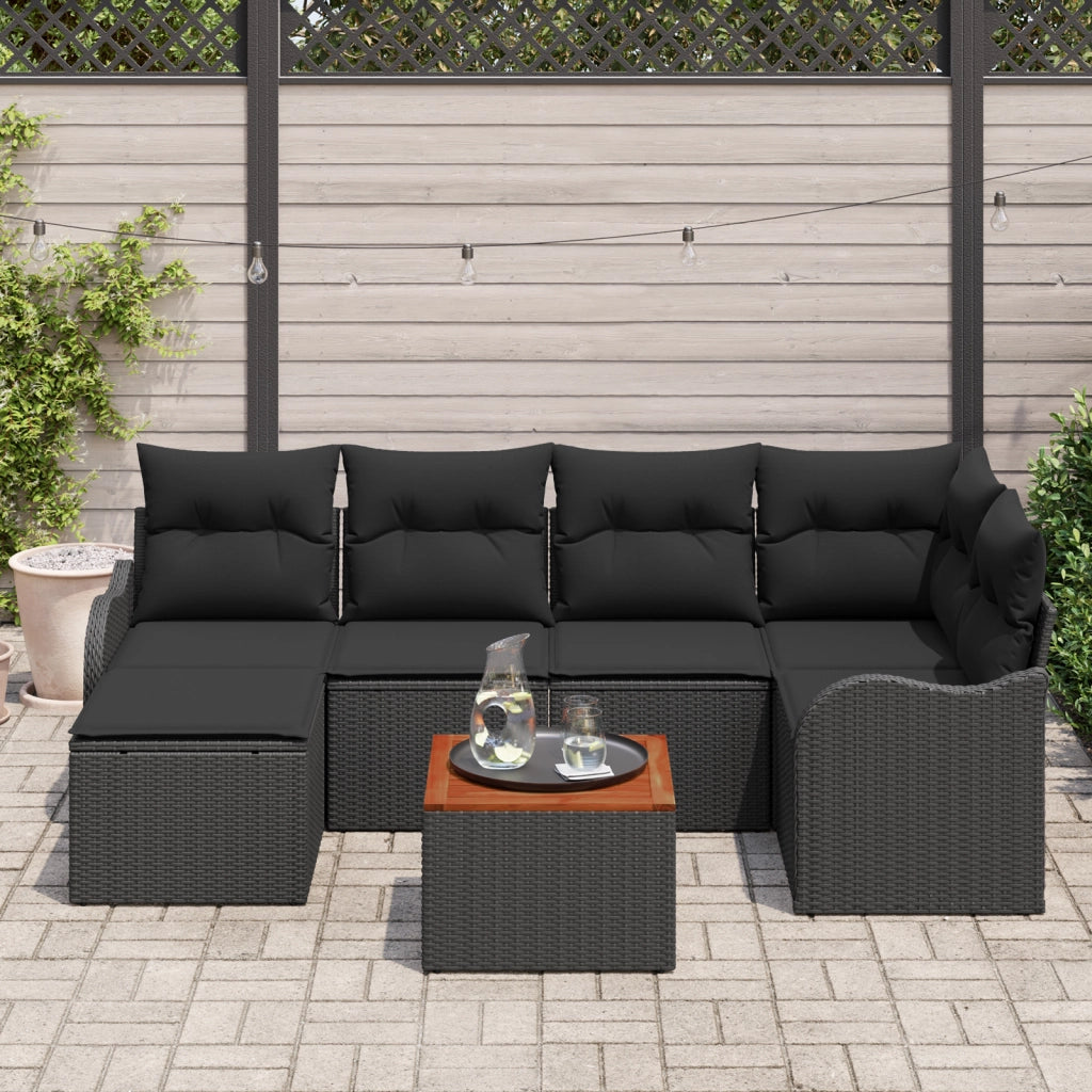 Set di divani da giardino  da 7 pezzi con cuscini in polyrattan nero e acacia