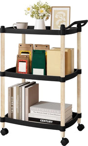 Carrello da cucina con 3 pannelli, carrello di servizio con maniglia e freni, trolley spaziale per bagno, soggiorno, ufficio, PP-plastica + legno massello, nero