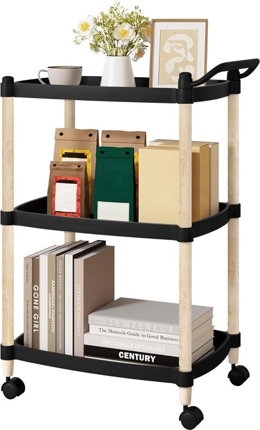 Carrello da cucina con 3 pannelli, carrello di servizio con maniglia e freni, trolley spaziale per bagno, soggiorno, ufficio, PP-plastica + legno massello, nero