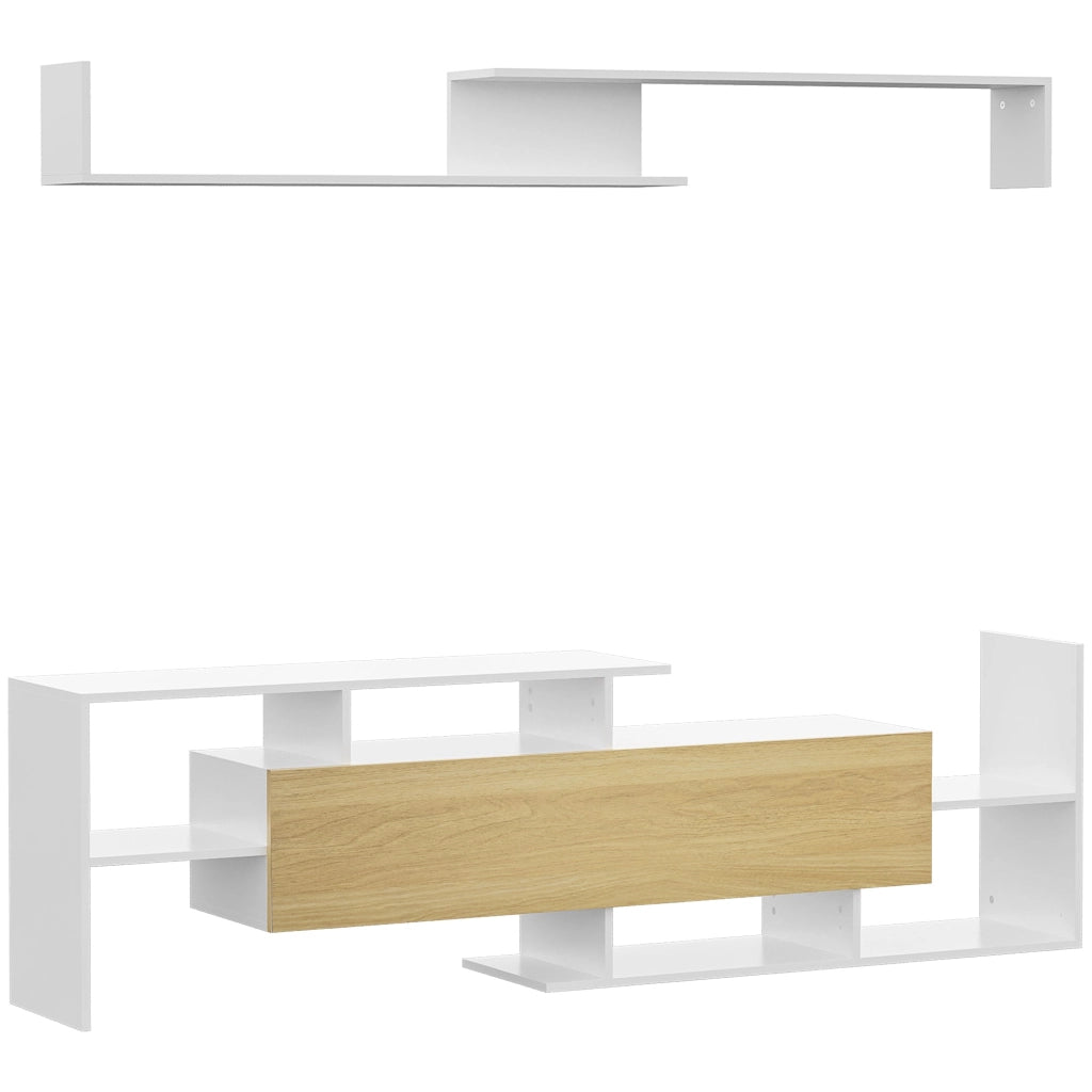 Mobile TV Ripiani e Armadietto a Ribalta con Mensola a Muro 153,6x25x42 cm Bianco e Legno Naturale