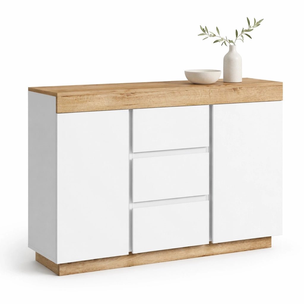 Cassettiera con 3 cassetti e 2 ante, mobile contenitore in truciolare E1, bianco e effetto rovere