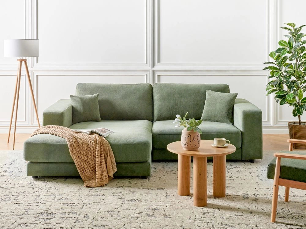 Divano angolare lato destro in Tessuto imbottito verde con Cuscini 3 posti stile moderno minimalista