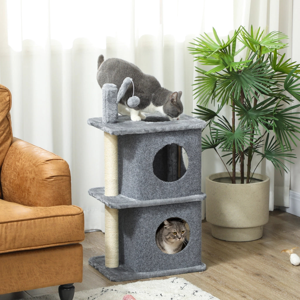 Albero per gatti 3 livelli con nicchie e palla ¨C zephmum ¨C 43x33x80 cm grigio scuro