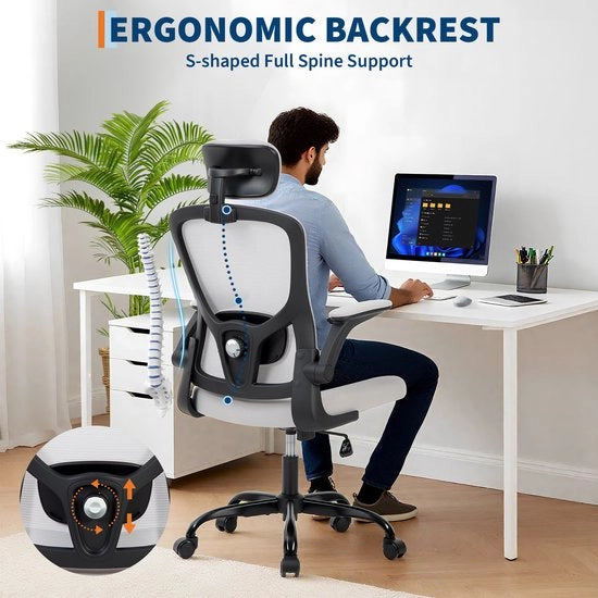 Sedia da ufficio ergonomico - Supporto 2D regolabile per la testa - Braccialettini girevoli - Pneumatici regolabili - Schienale alto