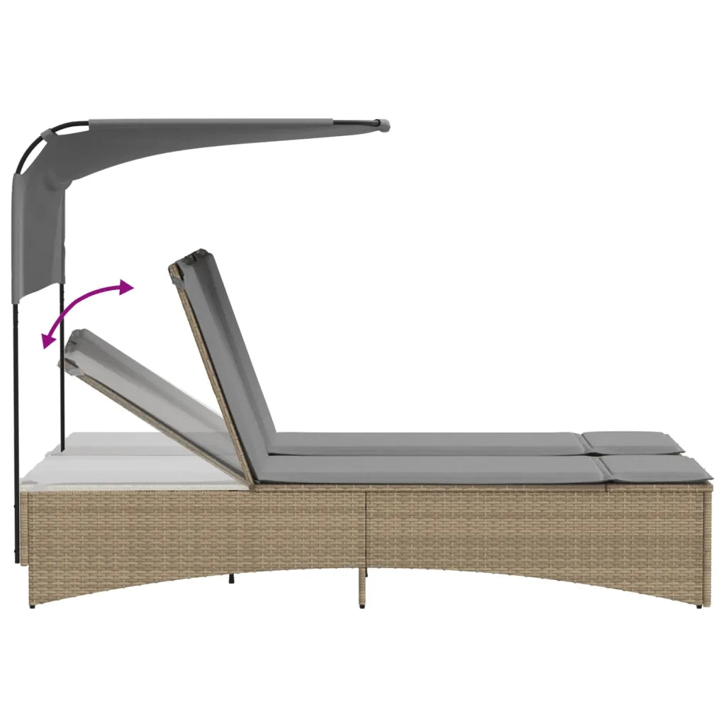 Sdraio da giardino | Lettino Doppio con Baldacchino e Cuscini Beige Misto Polyrattan