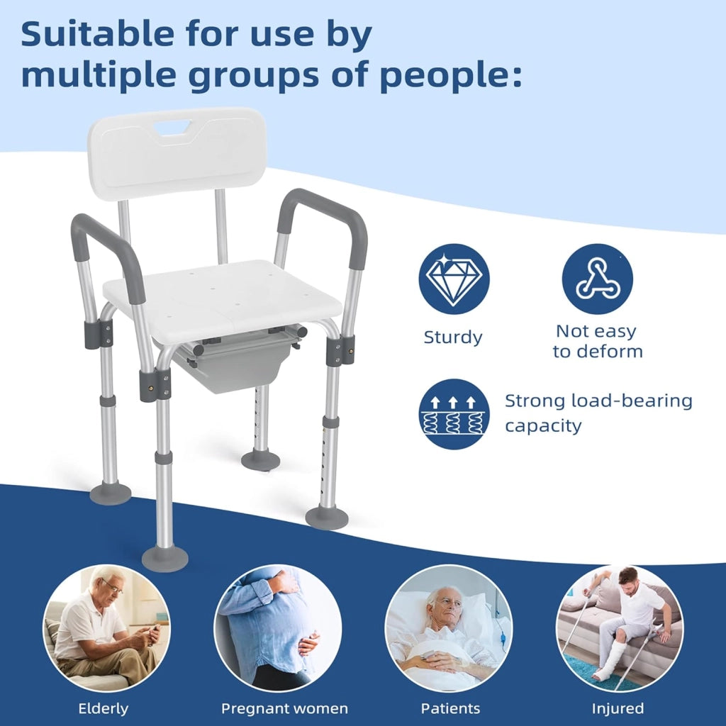 Sedia WC da doccia regolabile in altezza 2 in 1, sgabello da bagno con secchio, braccioli e schienale, per adulti e anziani