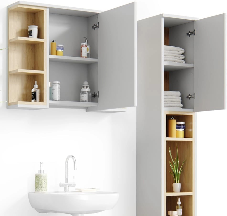 Set mobili bagno Aquis, Bianco, 79.6 cm, composto da mobile sottolavabo, specchiera e colonna alta