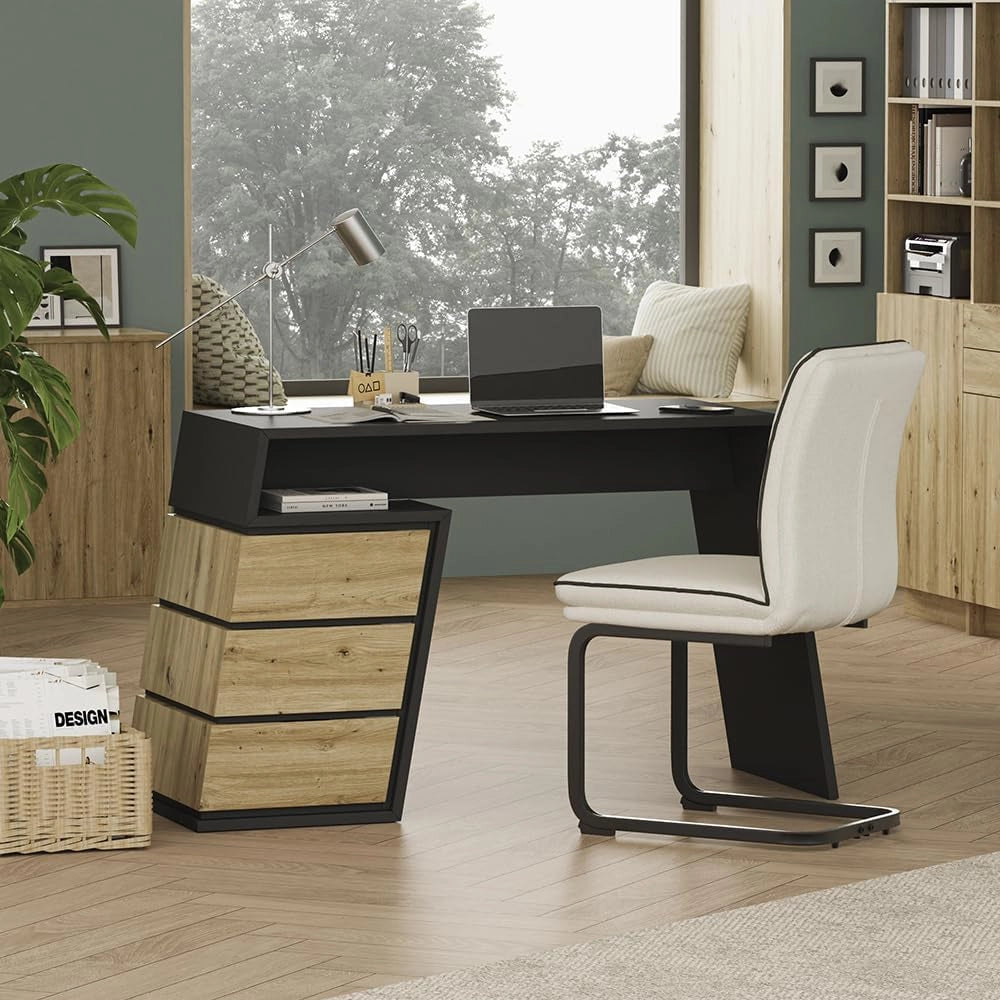 Scrivania Okaro, Antracite/quercia, 105 x 50 cm con 3 cassetti, adatto come postazione di lavoro per home office o camera dei ragazzi