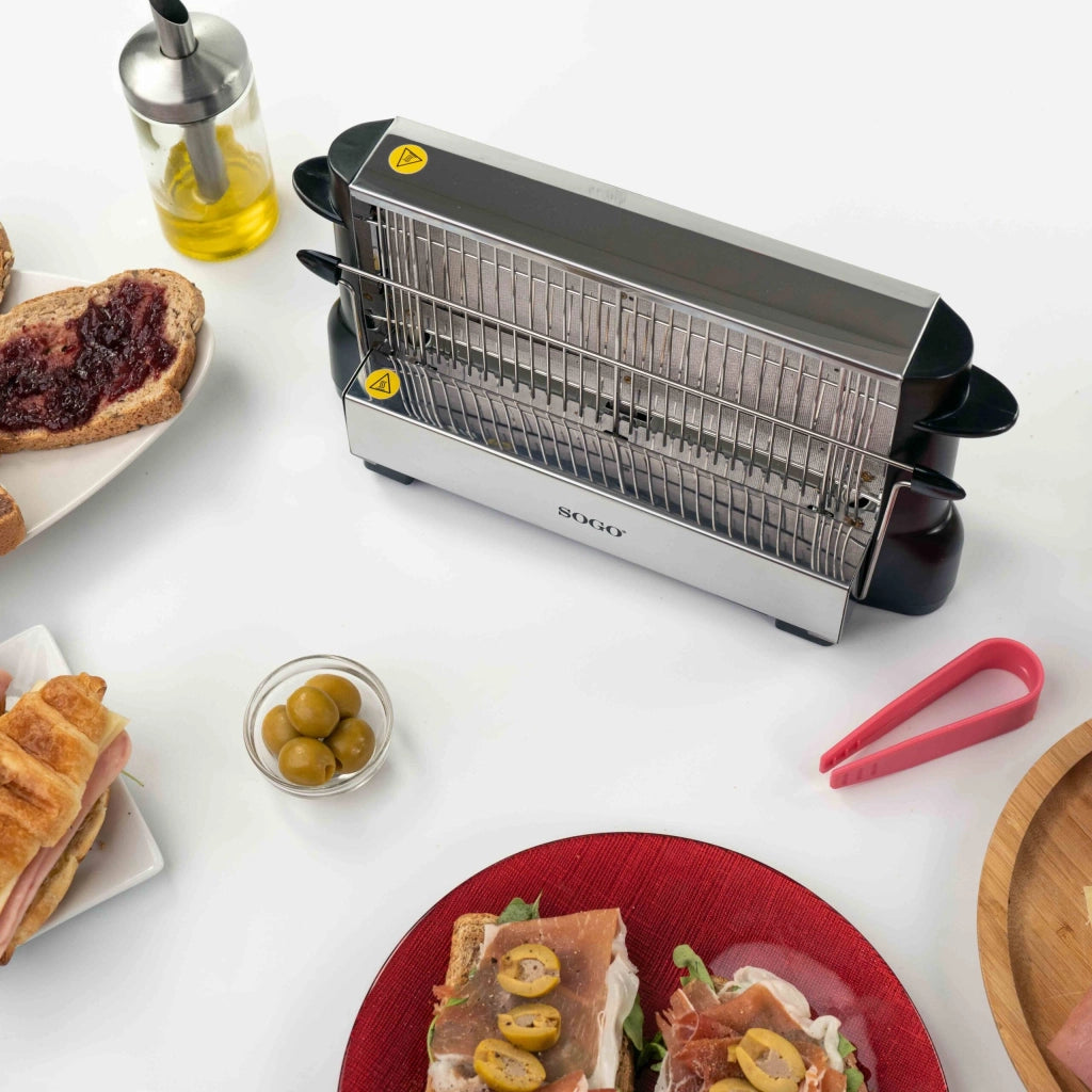 Tostapane elettrico verticale 4 fette, griglia acciaio inox con pinze estrazione, sistema manuale monolatero 700W - SOGO