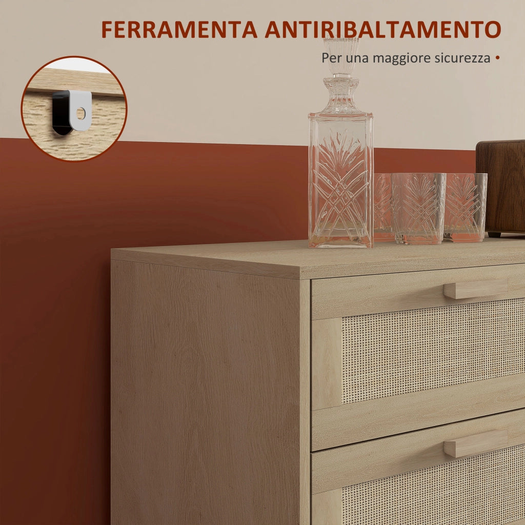 Cassettiera 6 Cassetti in Legno e Rattan ¨C zephmum ¨C 110x40x75 cm