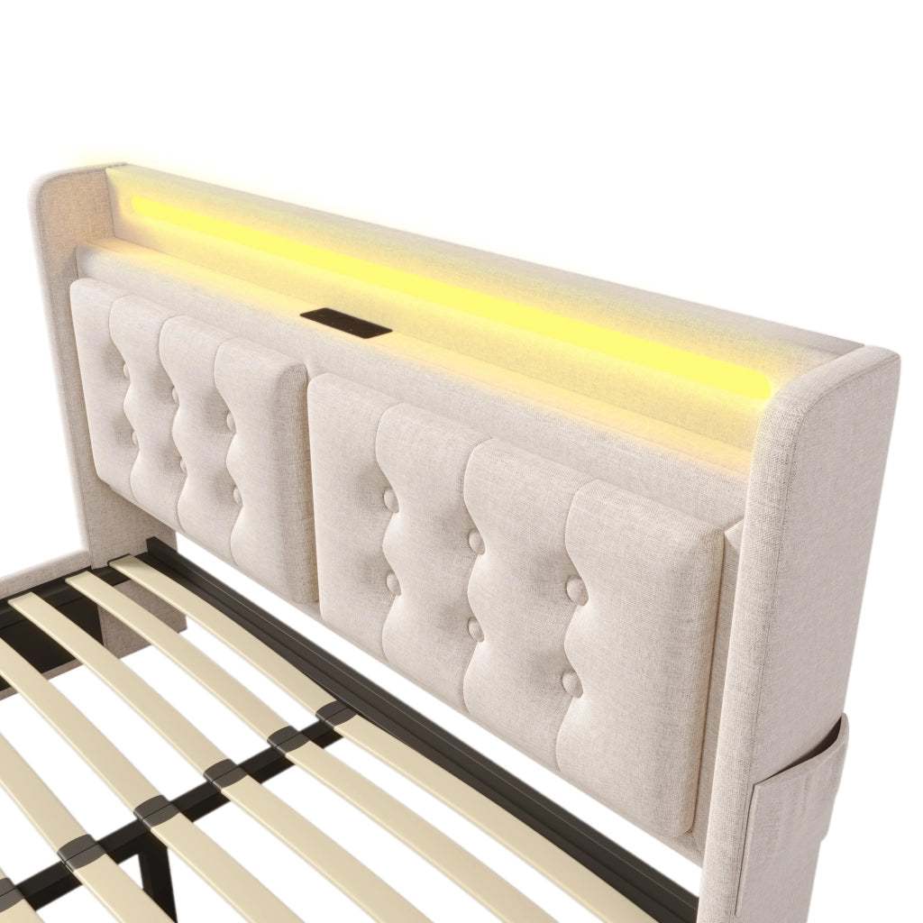 Letto imbottito 180x200 cm in cotone e lino; con LED; USB e 4 cassetti; beige