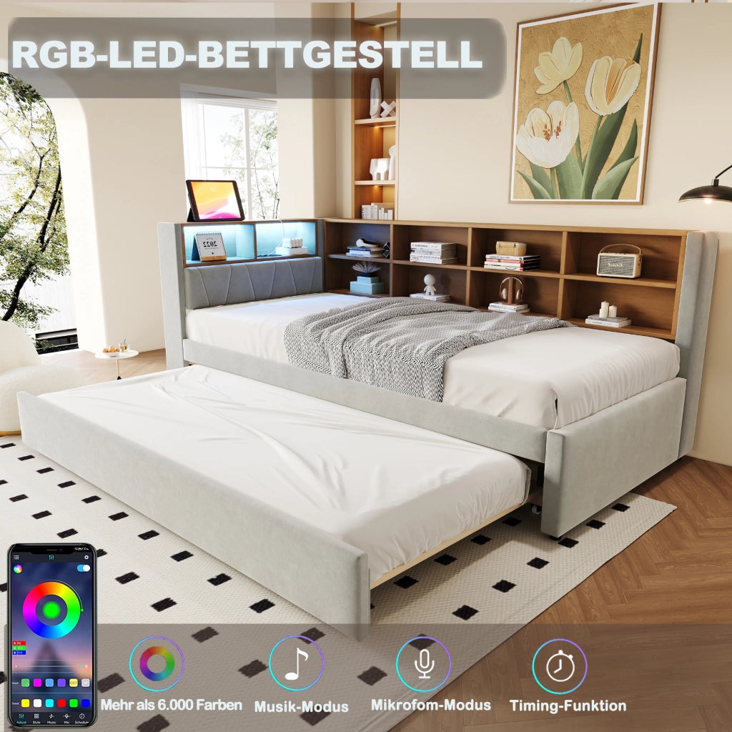 DESMIU Divano letto 90 × 200 cm 2 posti con LED, porte USB, Type-C e presa, senza materasso, grigio chiaro