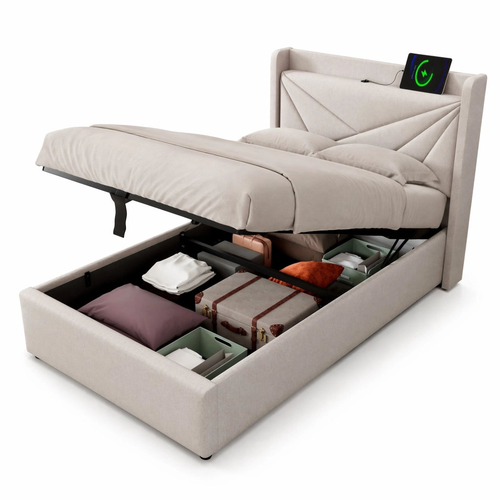 Letto singolo con contenitore 90x200 cm in cotone lino beige; testiera con USB e Tipo C