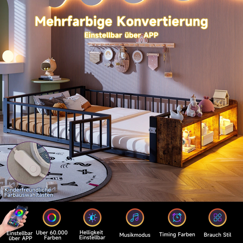 Letto in metallo con cassetti LED 140x200 MDF nero e metallo