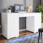 Scrivania moderna 140x50 cm in bianco lucido con LED; 1 cassetto e 2 ante