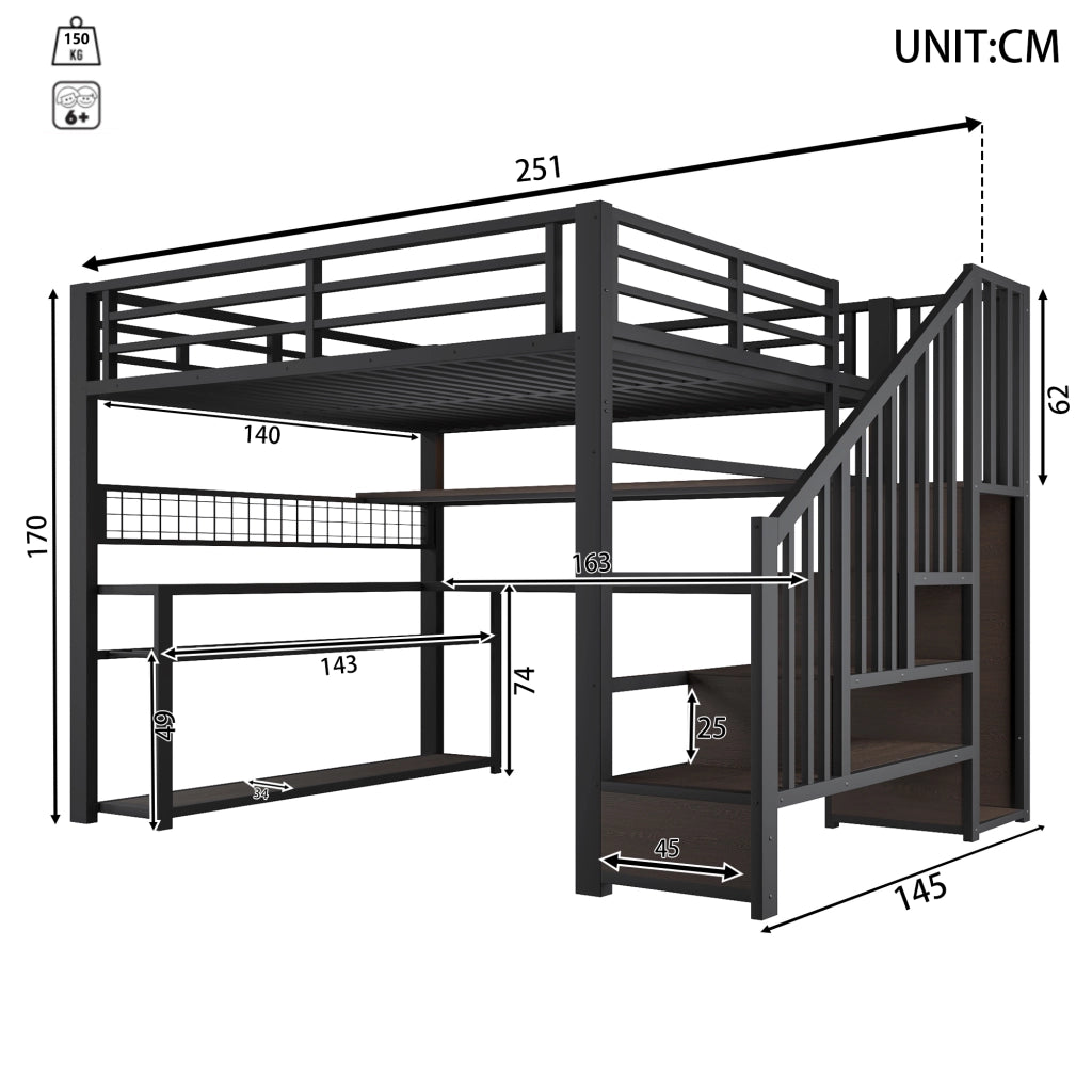 LETTO a soppalco gaming 140x200 cm MDF e metallo nero con LED, scrivania e armadio