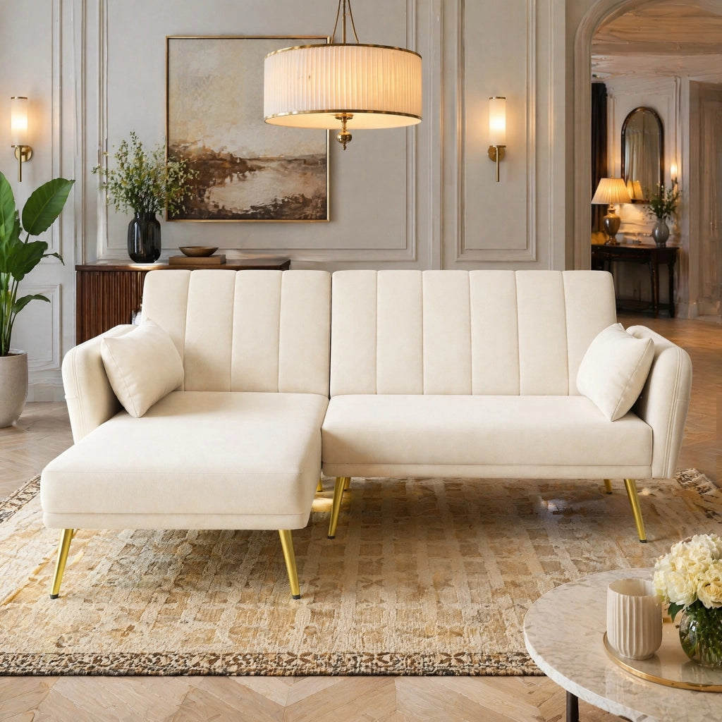 Divano angolare multifunzione in velluto beige con funzione letto e vano portaoggetti laterale