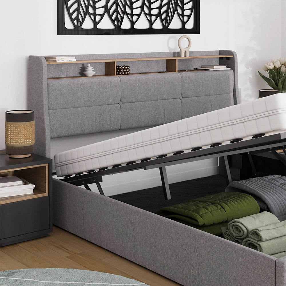 Vitalispa Letto imbottito Grigio/quercia 180x200 con LED, porta USB e materasso