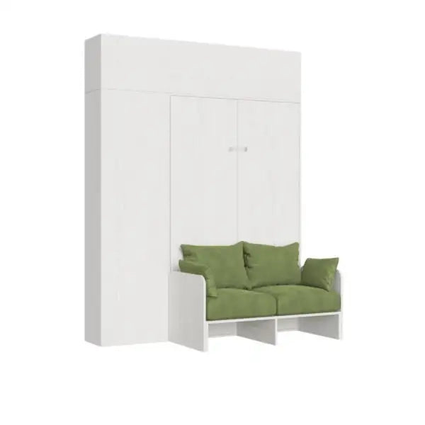 Letto una piazza e mezzo a scomparsa 120 Kentaro con divano e mobili bianco frassino, verde