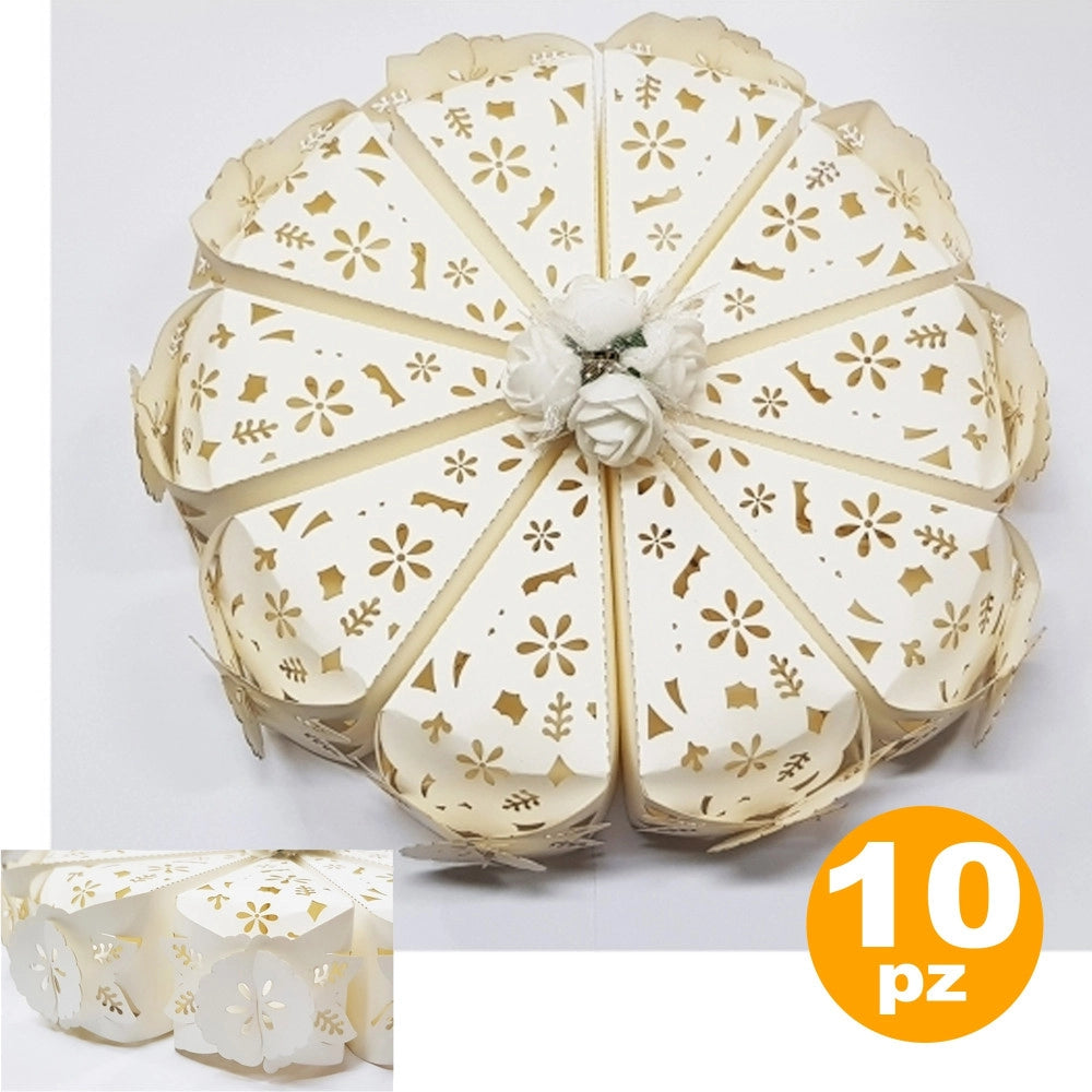 Trade Shop - Set 10 Bomboniere Scatolina Spicchio Torta Bianco Fiore Portaconfetti Matrimonio -