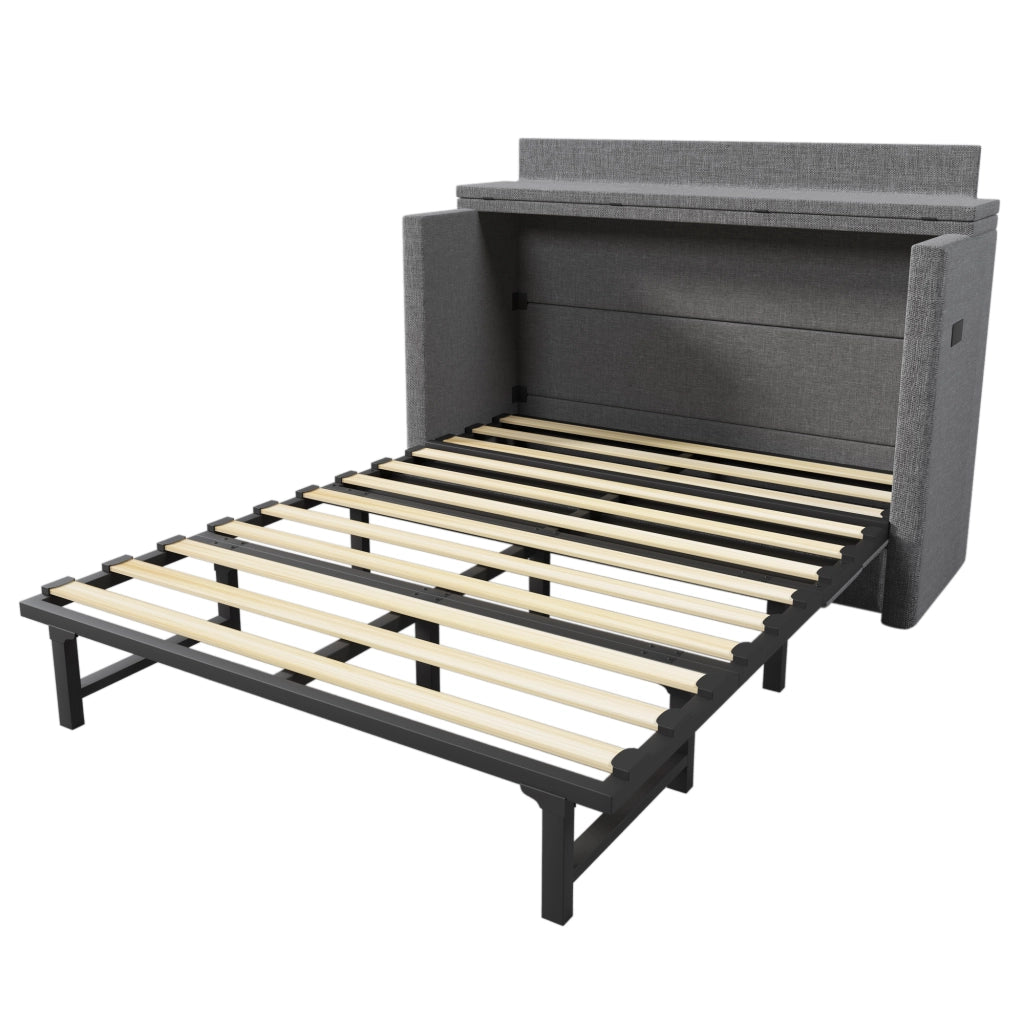 Letto salvaspazio matrimoniale 140×200 cm con cassetto; USB e Type-C; senza materasso; lino; grigio