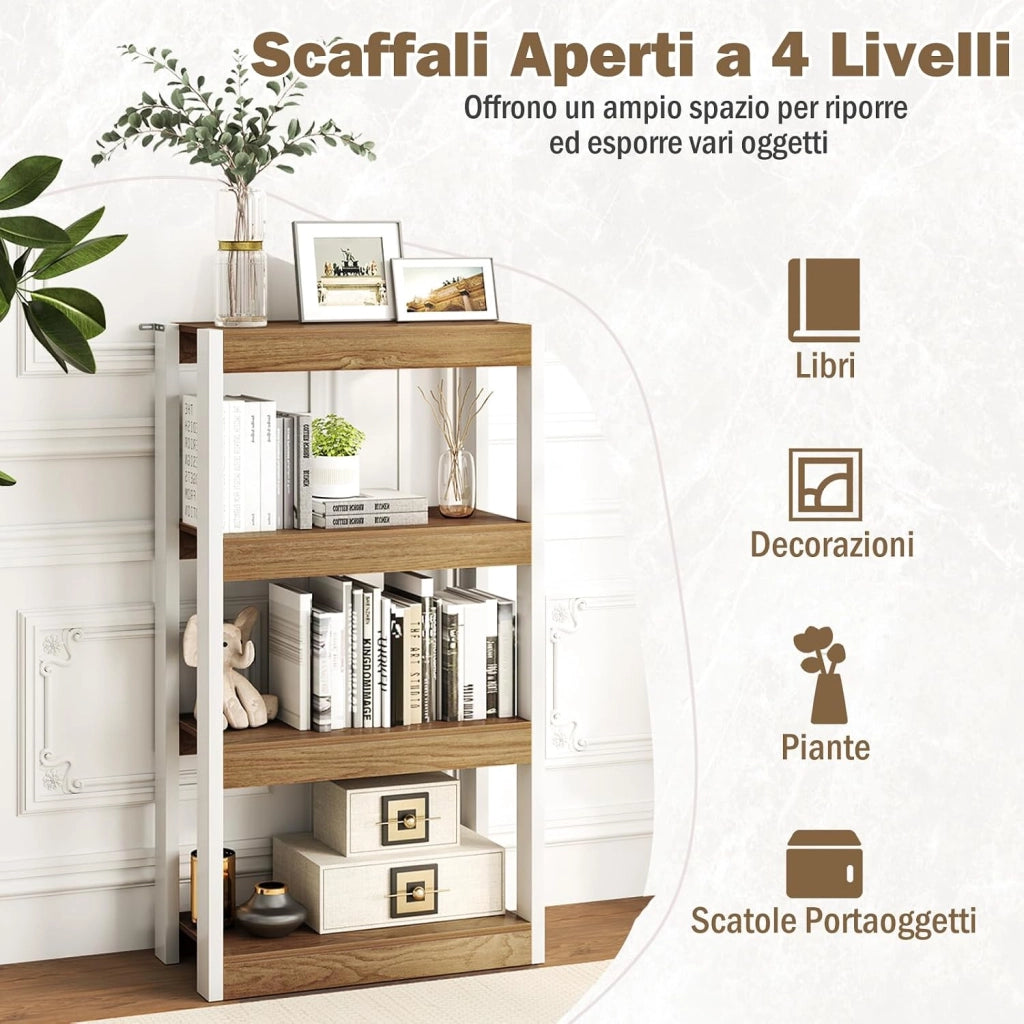 Libreria Aperta a 4 Ripiani, Scaffale Salvaspazio in Legno Anti Ribaltamento, Scaffale Portaoggetti Espositivo per Camera da Letto, Soggiorno, Cucina e Ingresso (Naturale,4 Livelli)