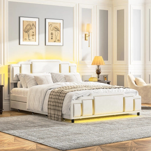 Letto matrimoniale imbottito in velluto beige 140x200 con cassetti e finiture dorate