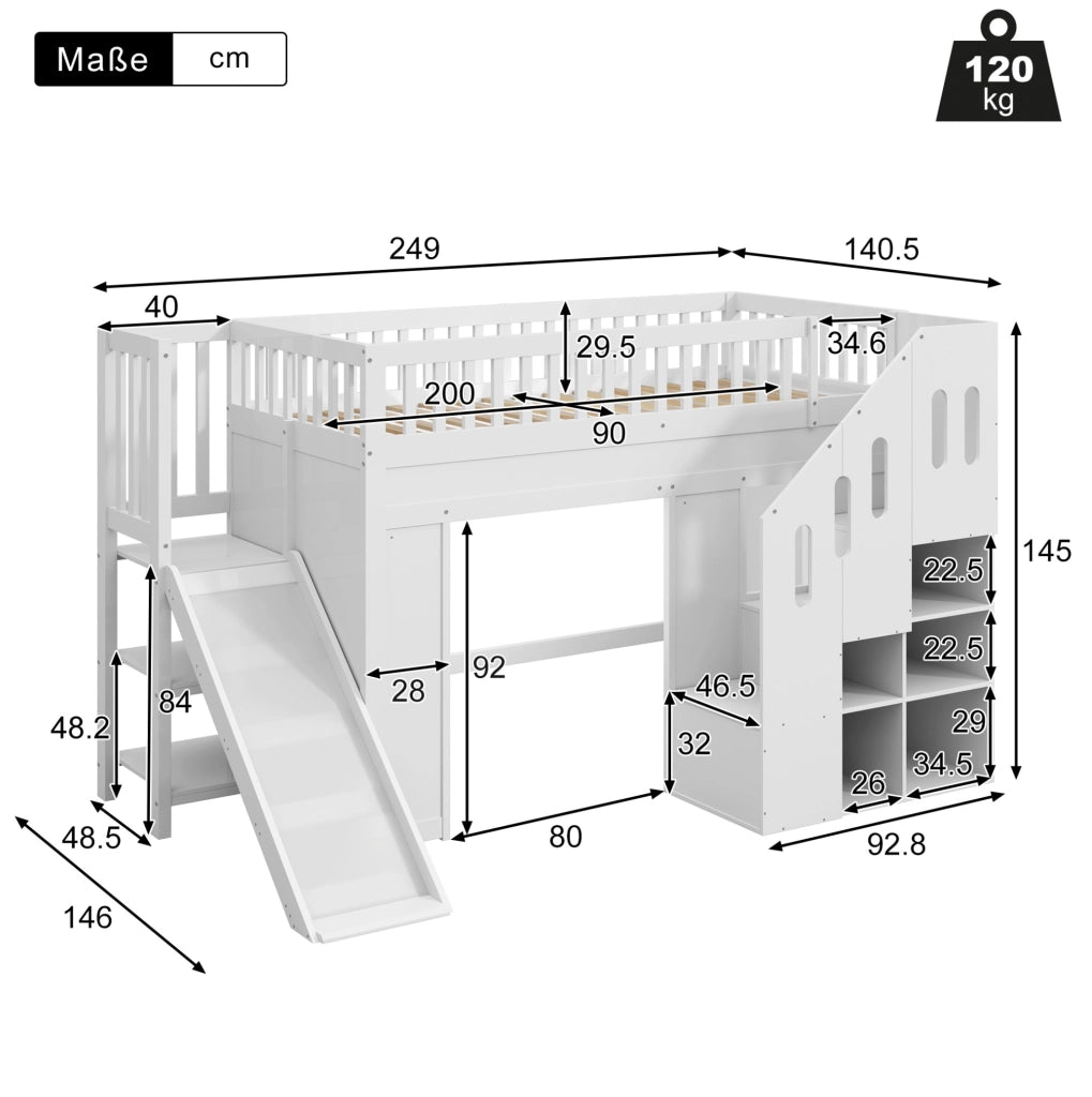 Letto a soppalco per bambini 90x200 cm con scivolo; scala contenitore e LED; bianco