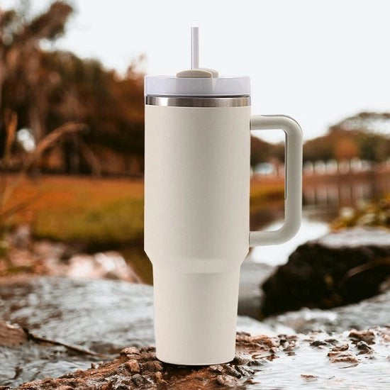 Bicchiere di isolamento in acciaio inossidabile a doppia parete con maniglia 1200 ml - per viaggi - bicchiere di viaggio con imbuto - beige