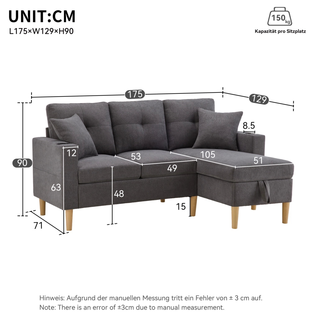 Divano angolare 3 posti con chaise longue e contenitore grigio scuro