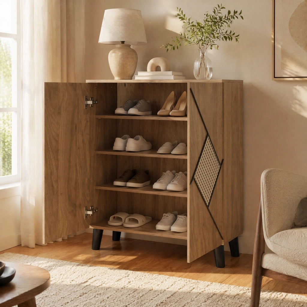 Scarpiera moderna con frontale effetto rattan; 80x31x91 cm; in legno