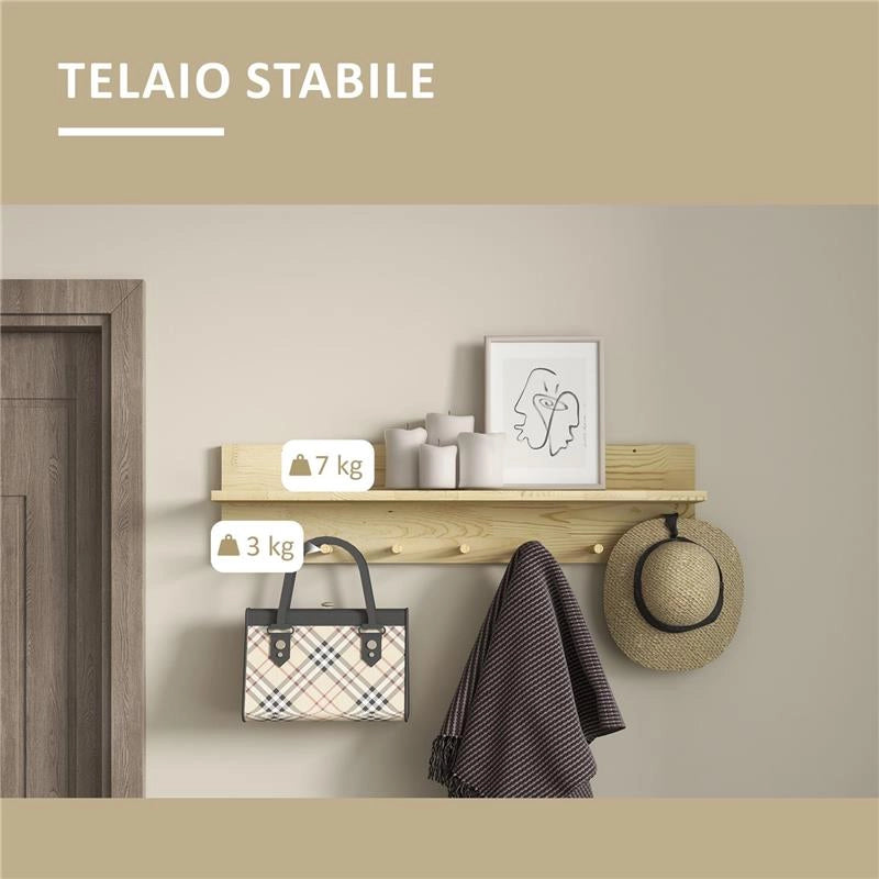 MENSOLA DA PARETE IN LEGNO DI ABETE CON 7 GANCI PER INGRESSO E SOGGIORNO, 80X12X20 CM