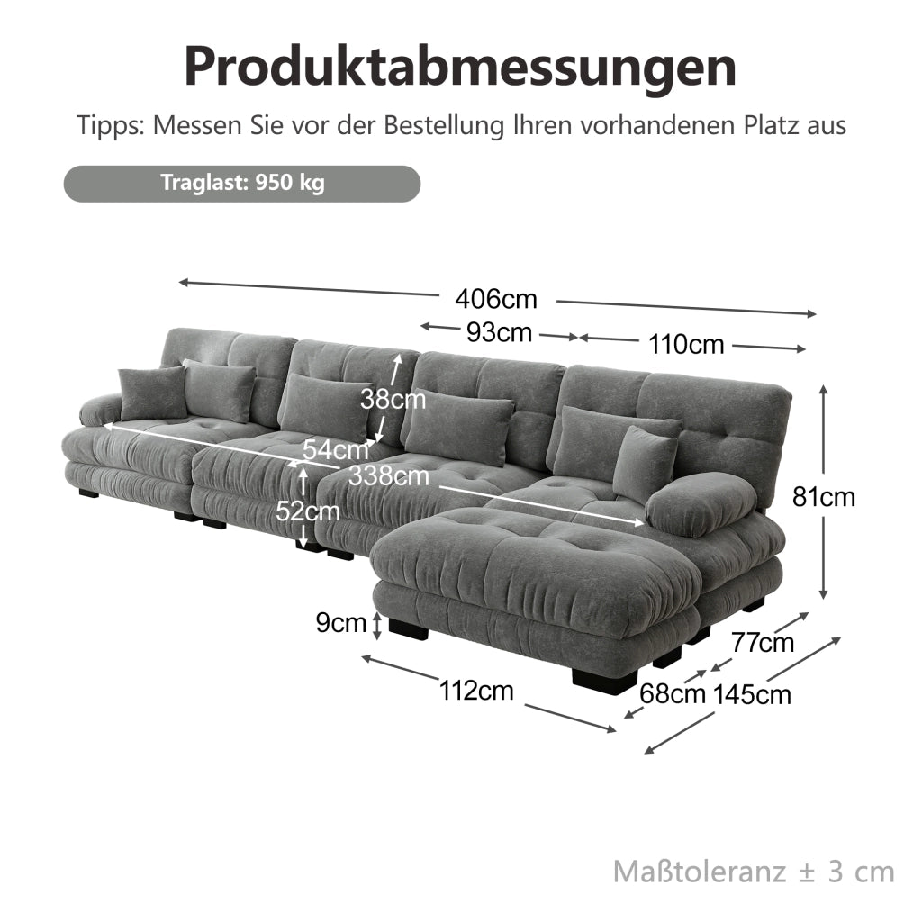 Divano angolare modulare a 4 posti in chenille grigio con pouf mobile e cuscini decorativi 81 × 406 × 145 cm