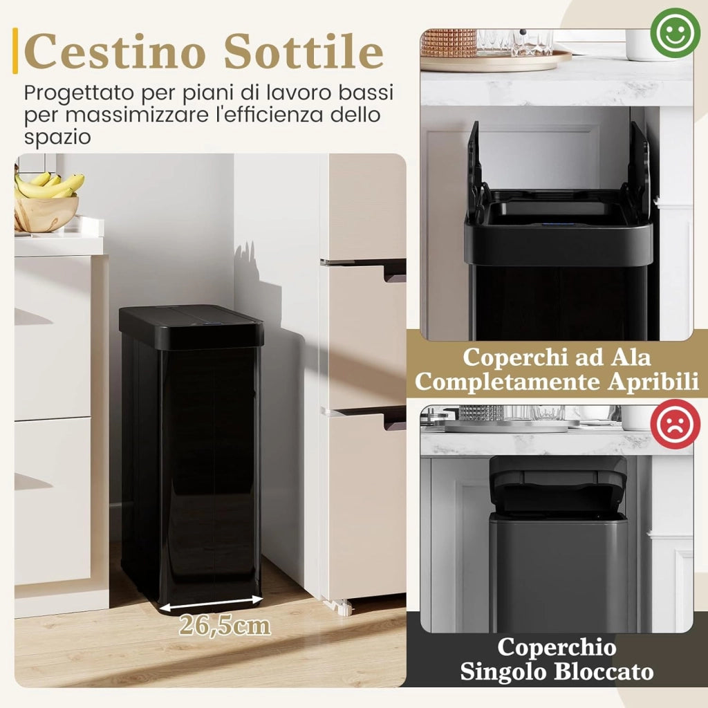 60L Cestino per Rifiuti con Coperchi a Ali, Pattumiera in Acciaio Inox Spazzolato con Sensore di Movimento a Infrarossi, Bidone Automatico per Camera da Letto, Bagno e Cucina (Nero)