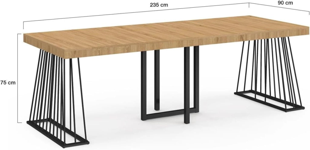 Consolle allungabile YUNA, 10 posti, 235 cm, con piano in legno e gamba in filo metallico nero