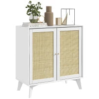 Buffet alto mobile da archiviazione design bohémien doppie porte con 2 livelli, facciata in rattan 80 x 40 x 85 cm bianco