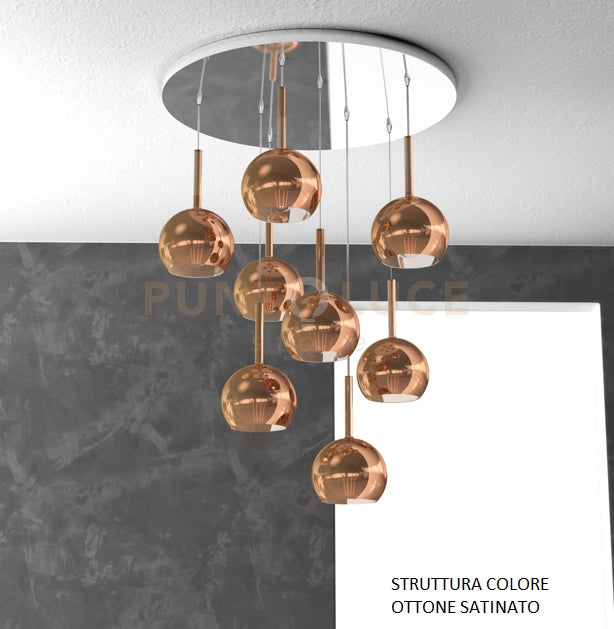 SOSP. OTTONE SAT. TONDA 8 LUCI VETRI TUTTI PICCOLO RAME 1155OS-S8 TP-RA