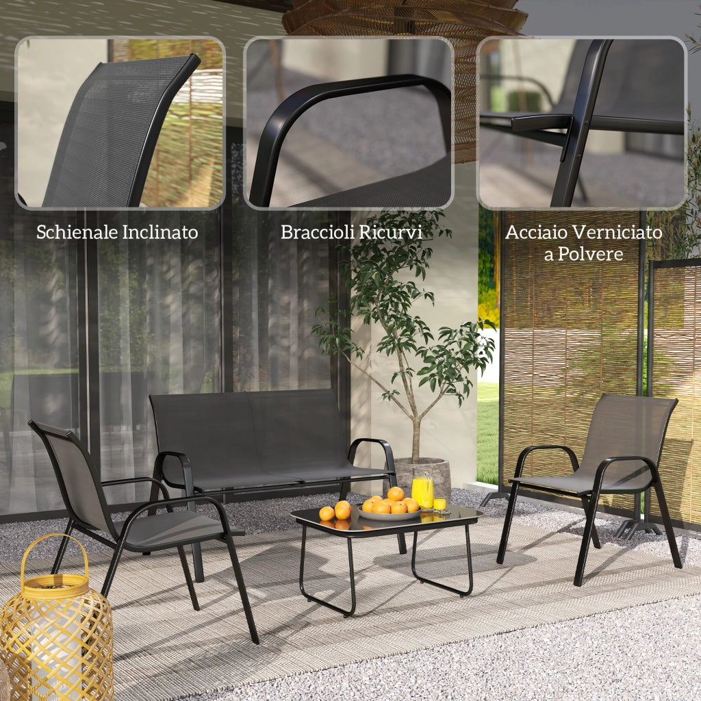 Set da Giardino con Divano 2 Poltrone Impilabili e Tavolino in Vetro Nero